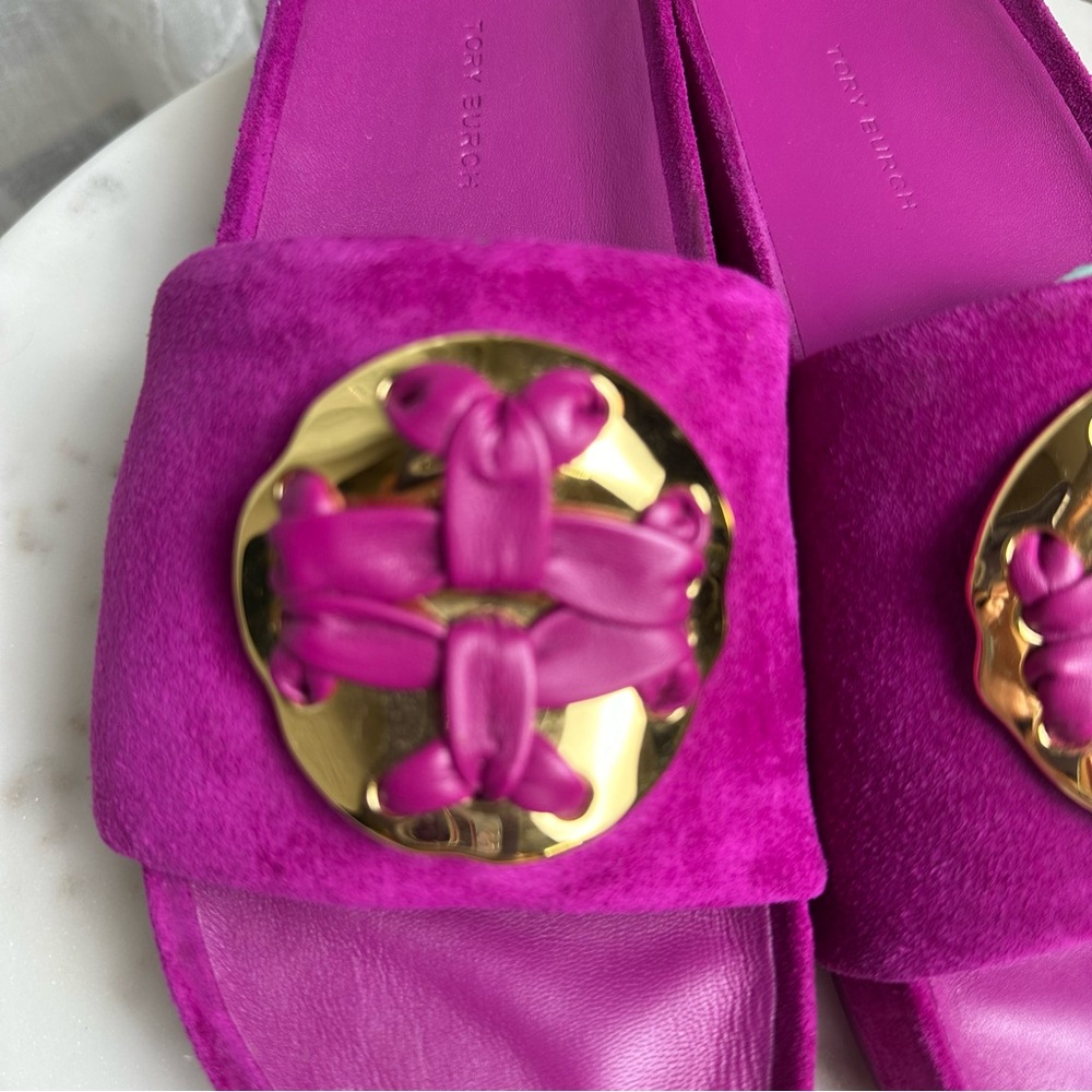 Tory Burch Woven Double T Slide Sandals in Fuchsia  8.5 - Picture 6 of 8